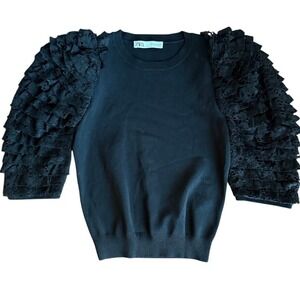 Zara Black Lace Ruffle Puff Sleeve Sweater Women's Medium Knit Statement Top